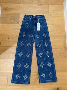 BAR by Alexa Rae Women's Dark Blue Embellished Wide-Leg Jeans